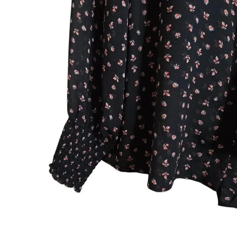 MISA Los Angeles Ruffle Button-Up Blouse Size Medium Black Floral Viscose